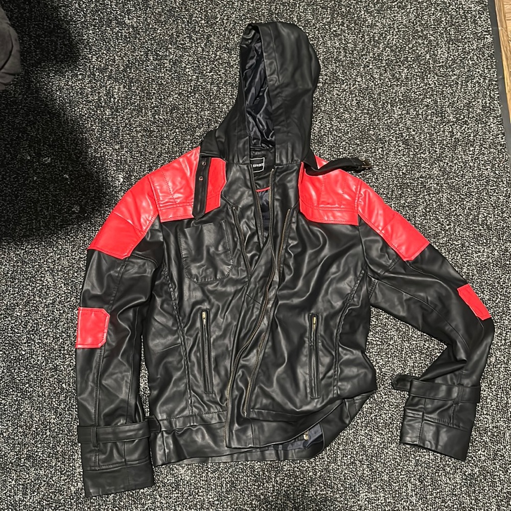 Red and Black Leather Motorcycle Jacket and Vest